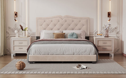 Segmart Queen Size Upholstered Bed Frame with Tufted Velvet Headboard, Rivet Trim, Sturdy Wooden Slats, No Box Spring Needed, Modern Platform Bed, Beige