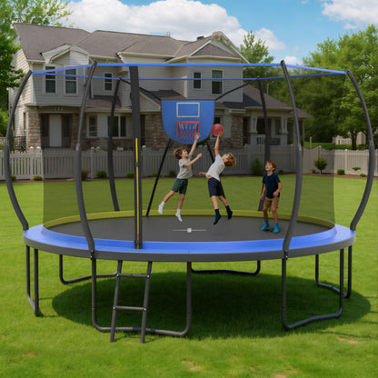 14FT Trampoline with Enclosure for Kids Adults, Outdoor Pumpkin Round Recreational Trampoline with No-gap Design, Heavy Duty Backyard Trampoline with Curved Fiberglass Poles for Indoor Outdoor
