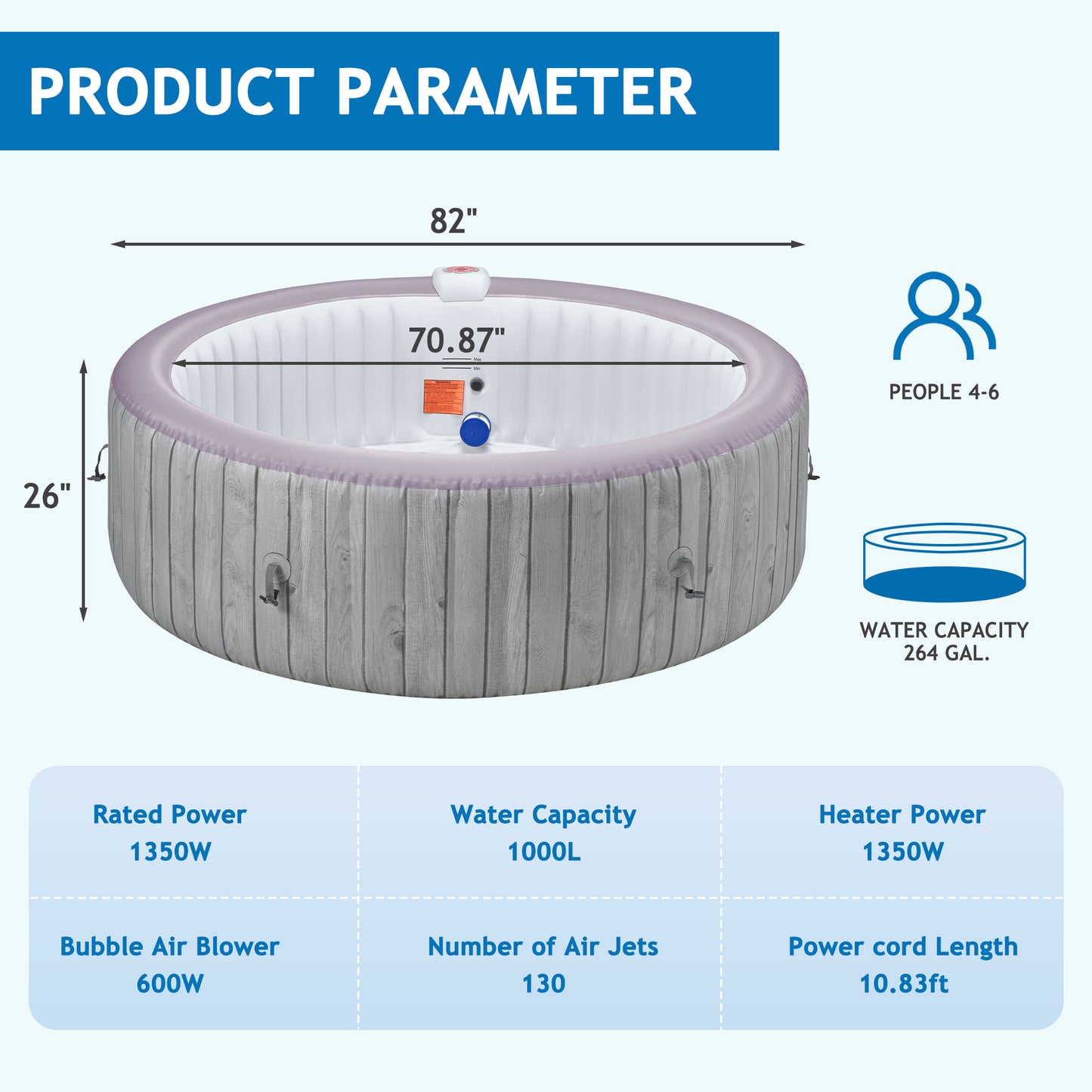 82 Inch Inflatable Hot Tub, 4 to 6 Person Outdoor Hot Tub Spa Built-in Heater Pump, Portable Hot Tub w/130 Jets, Tub Cover, Filter Cartridges, 1000L Capacity