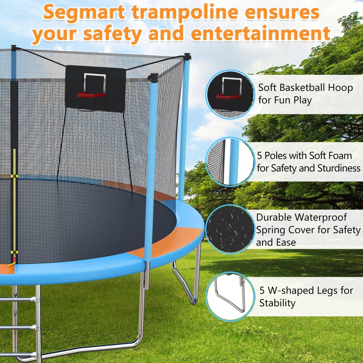 14Ft Trampoline for Kids and Adults, Outdoor Trampoline with Basketball Hoop, Segmart Upgrade Heavy Duty Trampoline with Enclosure Net & Ladder for Backyard Patio Garden