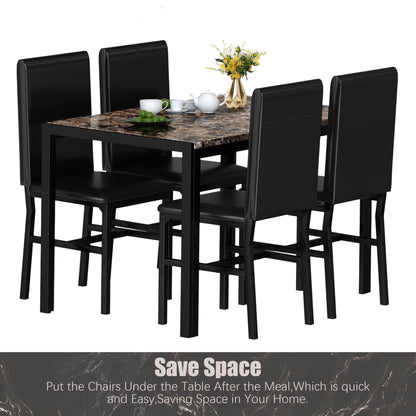 Kitchen Dining Table Set, Metal Kitchen Table Sets with 4 Chairs, Faux Marble Rectangular Breakfast Table w/Metal Legs & Black Finish Frame, Dining Table Sets for an Apartment Breakfast, SS1288