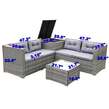 Patio Chat Set with Storage Box, 4 Piece Patio Wicker Furniture Set with Coffee Table, 2 Sofas, PE Rattan Outdoor Conversation Sectional Sofa Set with Gray Cushions for Backyard, Porch, Garden, L3579