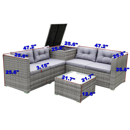 4 Piece Wicker Patio Sectional Sofa Set with Storage Ottoman, All-Weather Outdoor Conversation Set Dining Set with Gray Cushions and Table for Backyard, Porch, Garden, Poolside, L4538