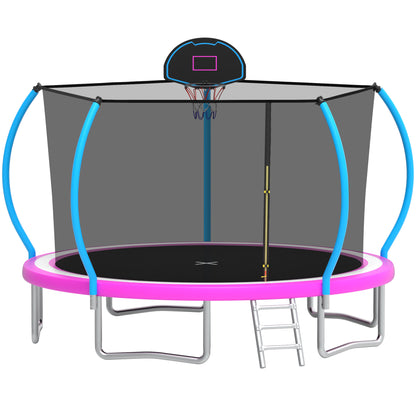 12ft Trampoline with Safety Enclosure, SEGMART Upgrade Outdoor Trampoline with Basketball Hoop, Heavy Duty Back Yard Trampoline with Ladder for Kids and Adults, Pink