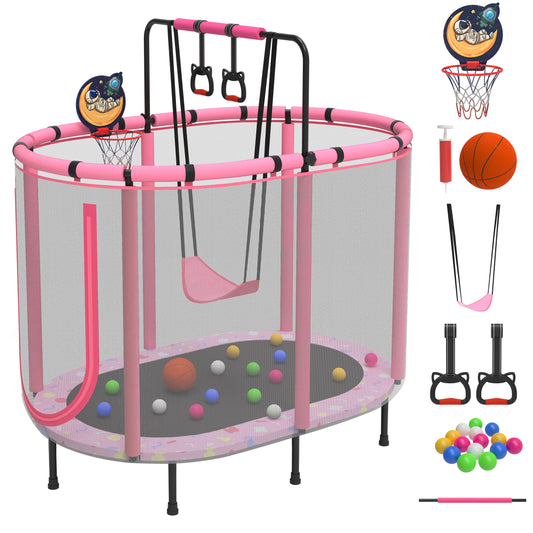 5FT Kids Trampoline with Basketball Hoop, SEGMART Upgraded Indoor Toddler Trampoline with Enclosure for Kids, Outdoor Oval Small Trampoline with Swing, Rings, Gift for Boys Girls