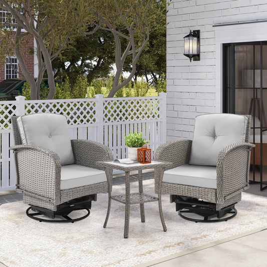 3-Piece Outdoor Swivel Rocker Chairs, 360° Patio Rattan Wicker Swivel Rocking Chair Set with Thickened Cushions and Glass Coffee Table, Max Weight 360 LBS, Light Gray