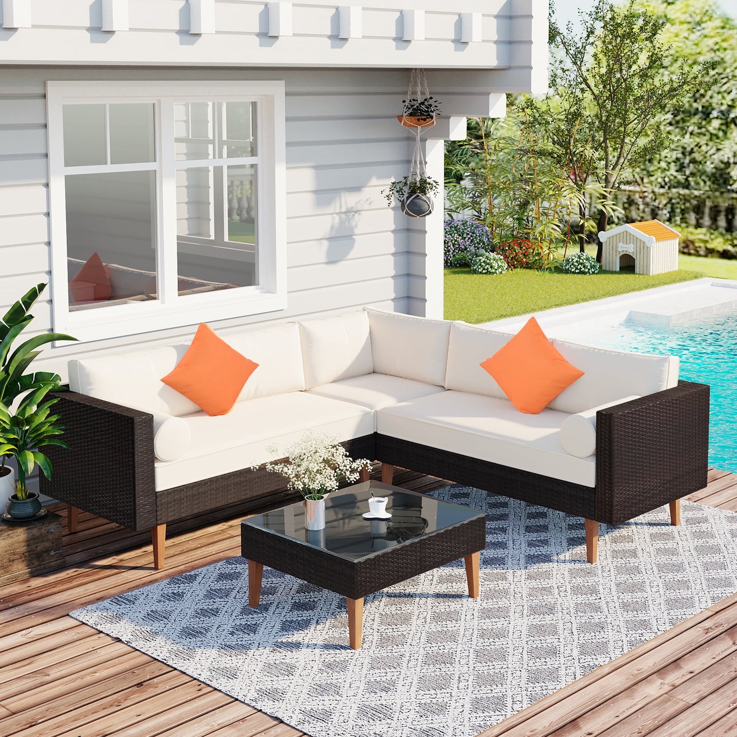 4-Pieces Outdoor Wicker Sofa Set with Coffee Table, L-Shape Patio Furniture with Colorful Pillows, White Cushions and Brown Rattan, Weather-Resistant for Garden, Balcony, Backyard