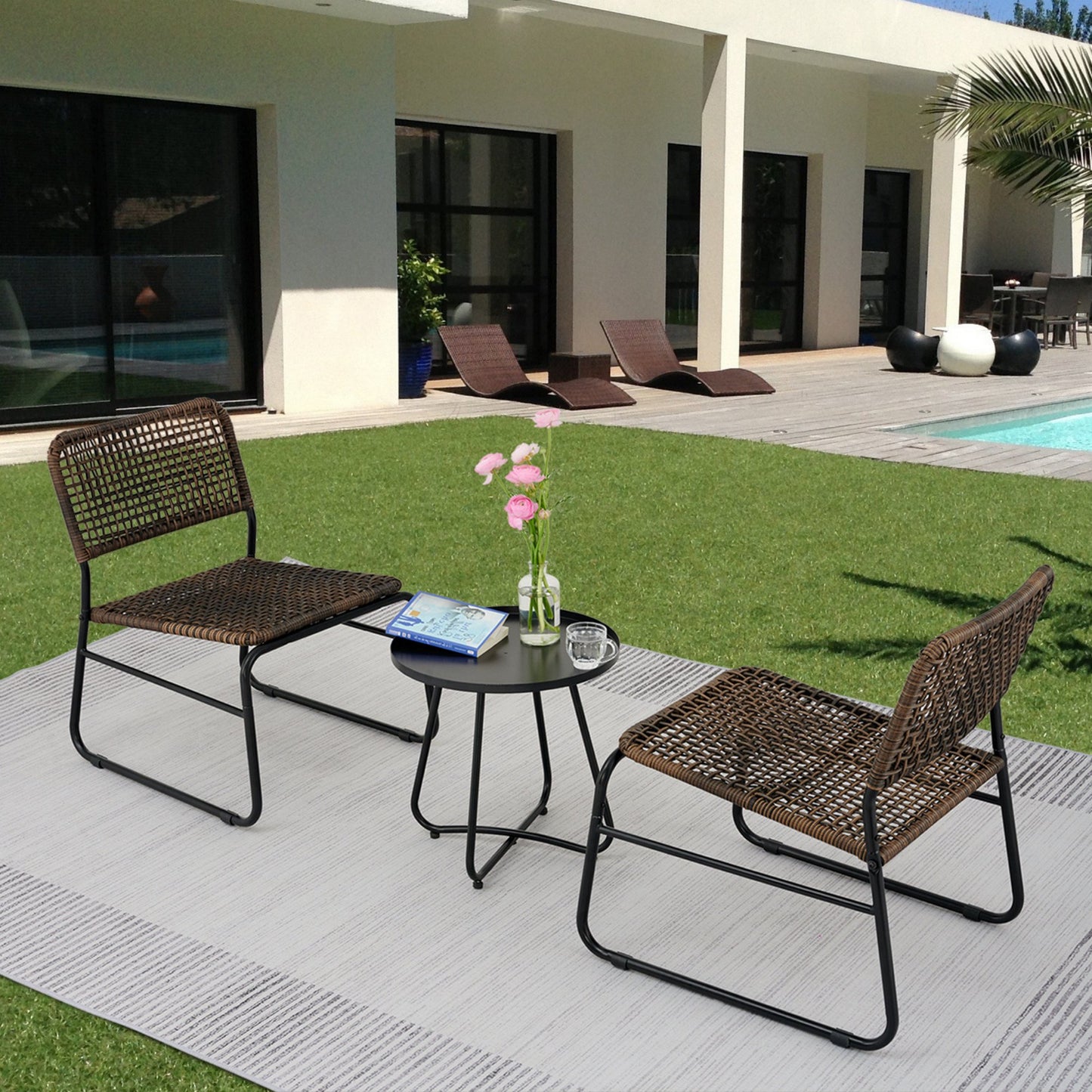 3 Piece Patio Furniture Set, Outdoor Balcony Furniture, Wicker Patio Set, Patio Rattan Conversation Set with Round Steel Coffee Side Table for Patio,Balcony,Porch,Yard