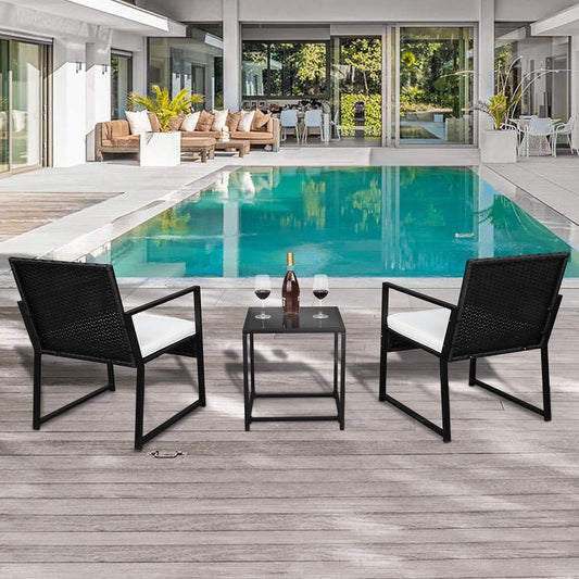 3 Pieces Patio Porch Furniture Sets, Outdoor PE Wicker Rattan Sectional Furniture Set with Removable Cushions & Coffee Table, 2 Armchairs, Conversation Set for Garden Lawn Pool Backyard, Black, S7604