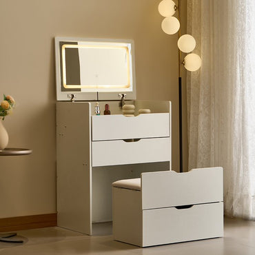 3-in-1 Vanity Desk with Mirror And Lights, Small Vanity Dresser Set with Visible Glass Tabletop, 3 Drawers, Storage Bench, 3-color Lighting Mirror, Suitable for Bedroom,Walnut