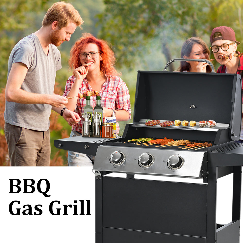 SEGMART 3 Burner BBQ Propane Gas Grill, Stainless Steel 25,650 BTU Patio Garden Barbecue Grill with Two Foldable Shelves & Thermometer, Perfect for Camping, Outdoor Cooking