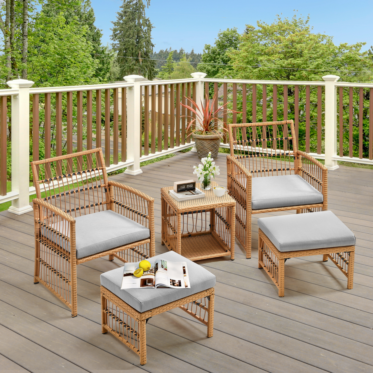 Patio Outdoor Furniture Chair Set, 5 PCS Wicker Sectional Sofa Set, Garden Conversation Set with 2 Cushioned Chairs, 2 Footstools & 2-Tier Tea Table, Lawn Pool Balcony Deck Yard Porch Chat Set