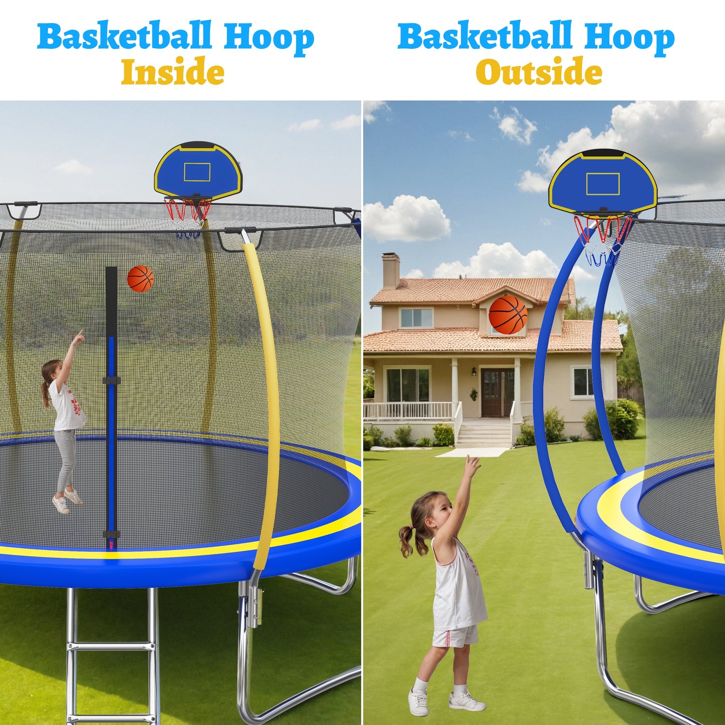 12FT Trampoline with Basketball Hoop for Kids and Adults, SEGMART Upgrade Outdoor Trampoline with Safety Enclosure Net, Heavy Duty Backyard Trampoline with Ladder for Lawn Garden Yard, Bule