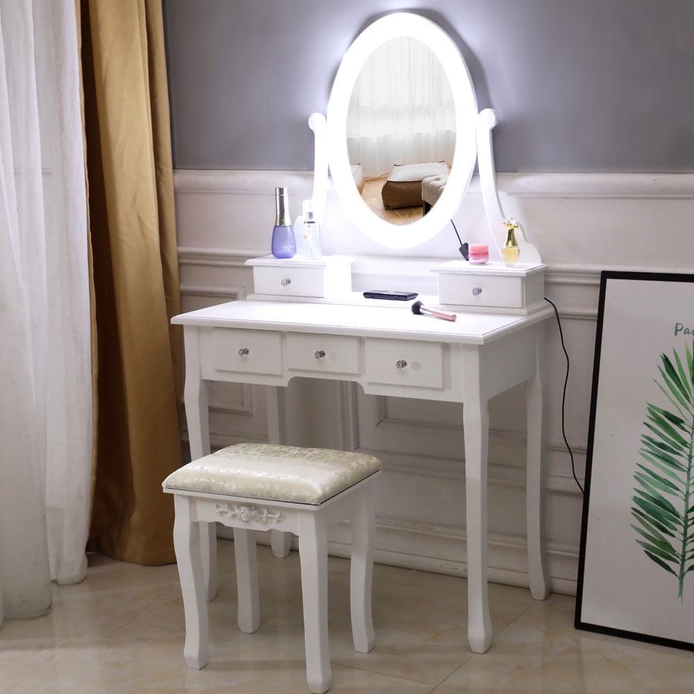 31.5" x 15.8" x 55.5" White Vanity Table, Makeup Vanity Set with Cushioned Stool, Dressing Table with 5-Drawer 360-Degree Rotation Removable Mirror Dresser, Vanity Sets for Teen Girls Bedroom, S13215
