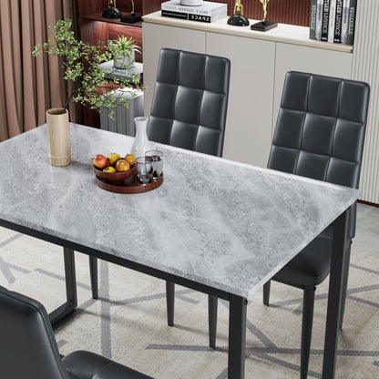 5 Piece Kitchen Dining Table and Chair Set, Dining Room Table Set with Faux Marble Tabletop PU Leather Padded Chairs, Rectangle Dining Table Set for 4, Dinette Set for Kitchen Dining Room Small Space