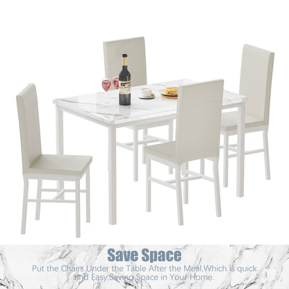 Kitchen Table and 4 Chairs Set, Metal Kitchen Table Sets Faux Marble Rectangular Breakfast Table w/Metal Legs & White Finish Frame, Dining Table Sets for an Apartment Breakfast, S12528