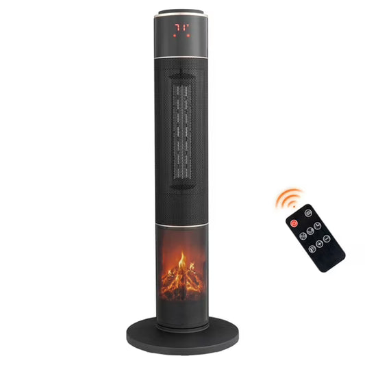 33-inch patio heater， tower space heater with 1500W portable heater, 60° oscillation, adjustable temperature/timer/display/remote control. Suitable for outdoors, indoors, offices. Black.