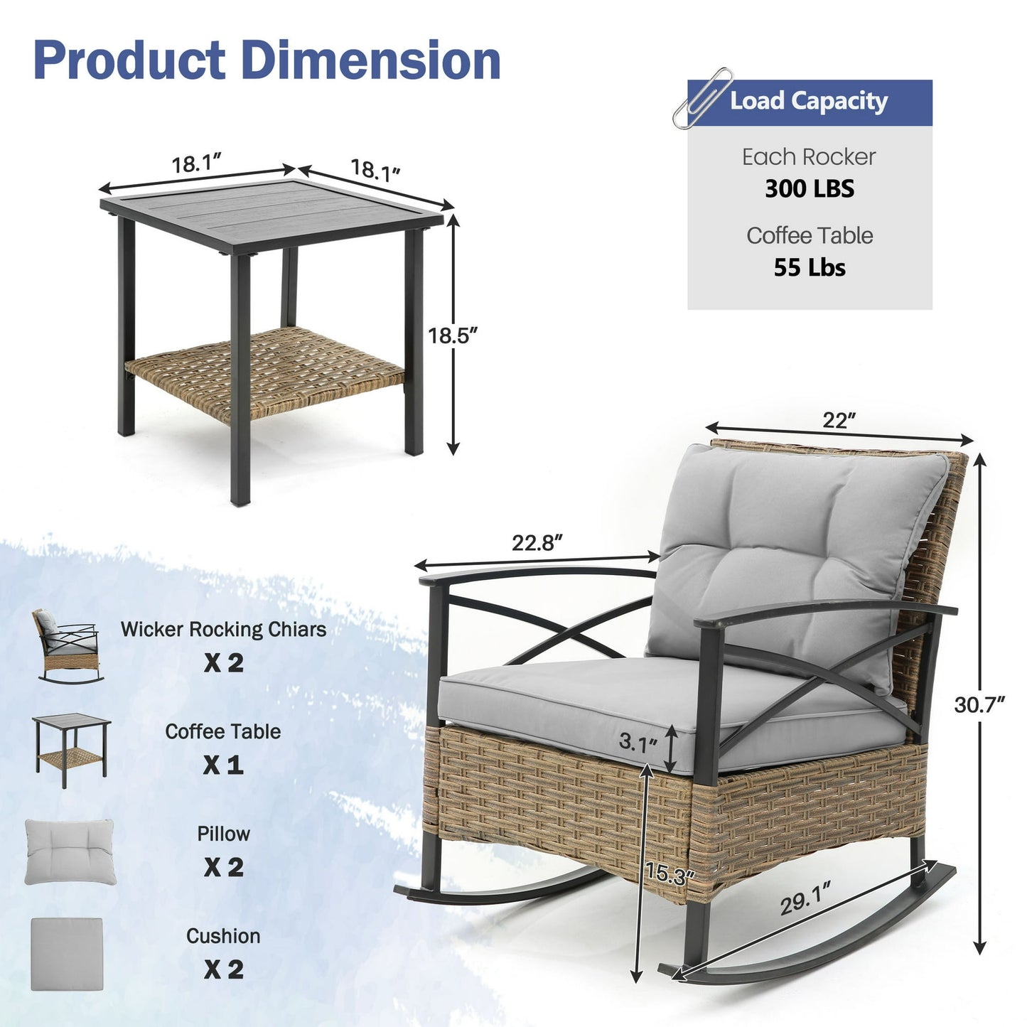 Segmart 3 Pieces Outdoor Patio Bistro FurnitureSet, PE Wicker Rattan Front Porch Conversation Chairs with Cushions Outside & Coffee Table, Max Weight 250LBS, Gray