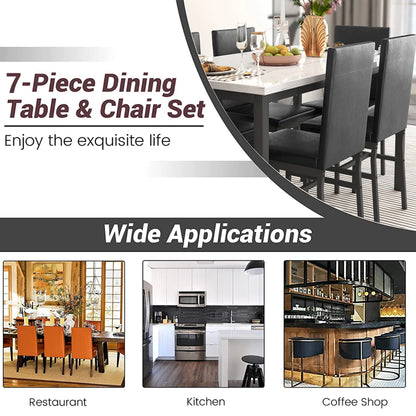 7 Piece Kitchen Dining Table & Chair Set, Dining Room Table Set with Faux Marble Tabletop PU Leather Padded Chairs, Rectangle Dining Table Set for 6, Dinette Set for Kitchen Dining Room Small Space