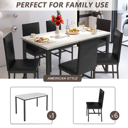 7 Piece Kitchen Dining Table & Chair Set, Dining Room Table Set with Faux Marble Tabletop PU Leather Padded Chairs, Rectangle Dining Table Set for 6, Dinette Set for Kitchen Dining Room Small Space
