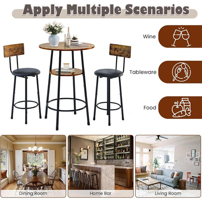 Counter Height Table Set of 3, Breakfast Bar Table and Stool Set, Minimalist Dining Table with Backrest Stools, Wood Top Pub Table & Chair Set for Kitchen Apartment Bistro - Rustic Brown