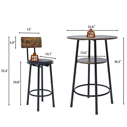 Counter Height Table Set of 3, Breakfast Bar Table and Stool Set, Minimalist Dining Table with Backrest Stools, Wood Top Pub Table & Chair Set for Kitchen Apartment Bistro - Rustic Brown