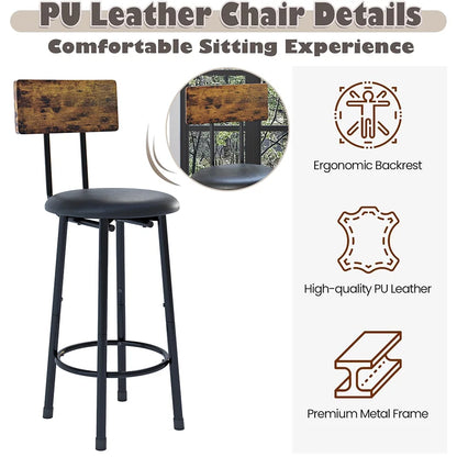 Counter Height Table Set of 3, Breakfast Bar Table and Stool Set, Minimalist Dining Table with Backrest Stools, Wood Top Pub Table & Chair Set for Kitchen Apartment Bistro - Rustic Brown