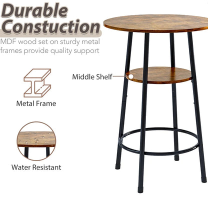 Counter Height Table Set of 3, Breakfast Bar Table and Stool Set, Minimalist Dining Table with Backrest Stools, Wood Top Pub Table & Chair Set for Kitchen Apartment Bistro - Rustic Brown