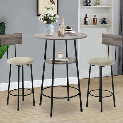 Counter Height Table Set of 3, Breakfast Bar Table and Stool Set, Minimalist Dining Table with Backrest Stools, Wood Top Pub Table & Chair Set for Kitchen Apartment Bistro - Rustic Brown