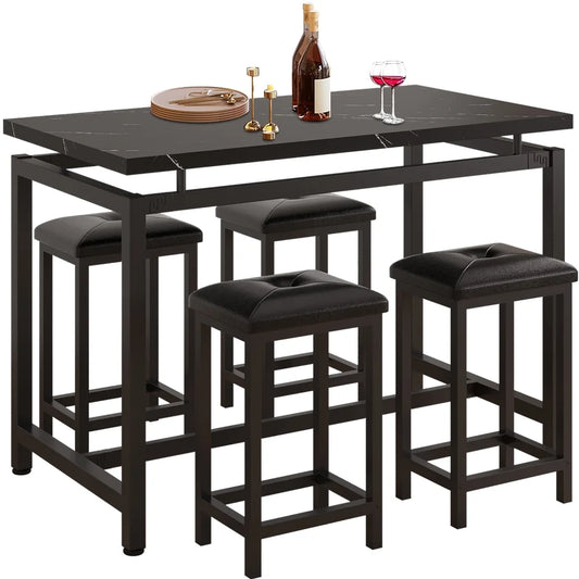 5 Piece Bar Table Set, Kitchen Counter Height Table with 4 Stools, Space Saving Pub Table Set for 4 Person with Metal Frame, Wood Dining Table & Chair Set for Breakfast Nook Pub Bistro, B945