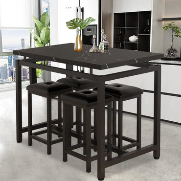5 Piece Bar Table Set, Kitchen Counter Height Table with 4 Stools, Space Saving Pub Table Set for 4 Person with Metal Frame, Wood Dining Table & Chair Set for Breakfast Nook Pub Bistro, B945