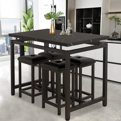 5 Piece Bar Table Set, Kitchen Counter Height Table with 4 Stools, Space Saving Pub Table Set for 4 Person with Metal Frame, Wood Dining Table & Chair Set for Breakfast Nook Pub Bistro, B945