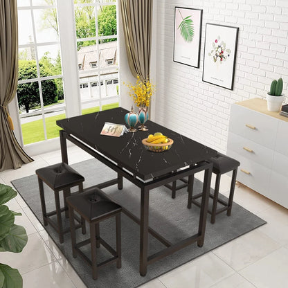 5 Piece Bar Table Set, Kitchen Counter Height Table with 4 Stools, Space Saving Pub Table Set for 4 Person with Metal Frame, Wood Dining Table & Chair Set for Breakfast Nook Pub Bistro, B945