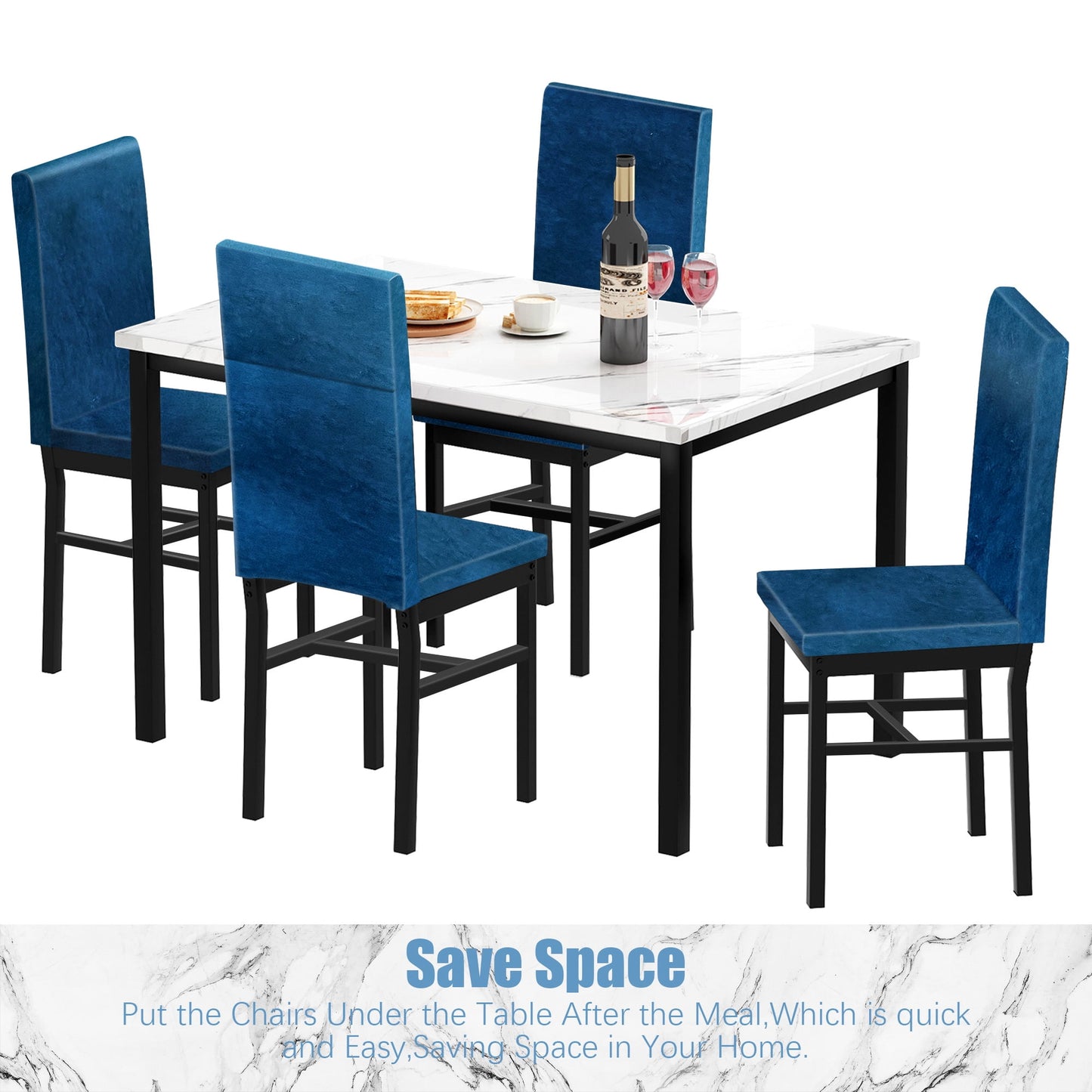 Kitchen Table and 4 Chairs Set, Metal Kitchen Table Sets Faux Marble Rectangular Breakfast Table w/Metal Legs & Black Finish Frame, Dining Table Sets for an Apartment Breakfast, SS1308
