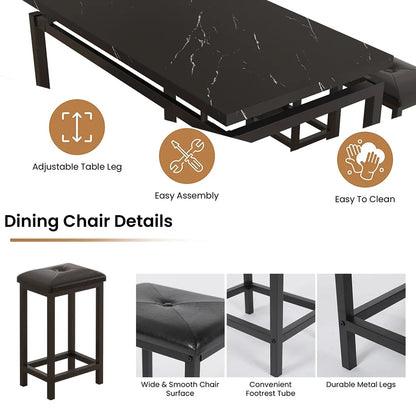 5 Piece Bar Table Set, Kitchen Counter Height Table with 4 Stools, Space Saving Pub Table Set for 4 Person with Metal Frame, Wood Dining Table & Chair Set for Breakfast Nook Pub Bistro, B945