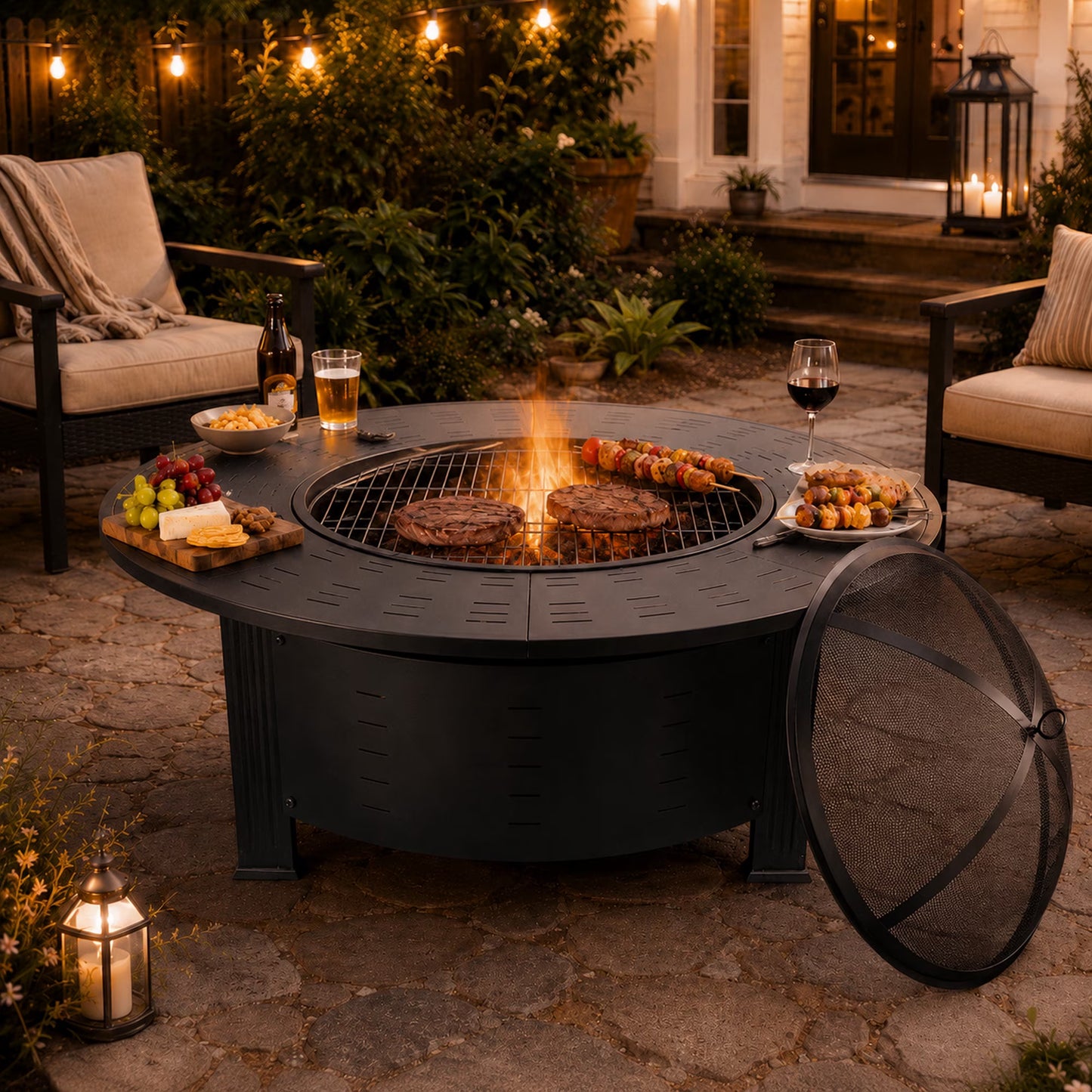 37" Fire Pits for Outside, SEGMART Outdoor Fire Pit, Round Wood Burning Fire Pit with Grill, Lid, Fire Pit Table for Patio BBQ, Backyard Fire Pit, Firepit for Outside Patio, Black