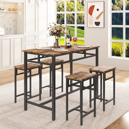 5 Piece Bar Table Set, Kitchen Counter Height Table with 4 Stools, Space Saving Pub Table Set for 4 Person with Metal Frame, Wood Dining Table & Chair Set for Breakfast Nook Pub Bistro, B945