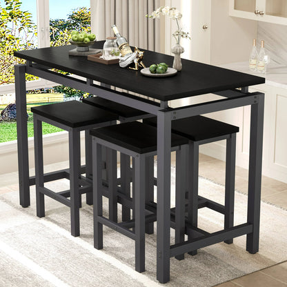 5 Piece Bar Table Set, Kitchen Counter Height Table with 4 Stools, Space Saving Pub Table Set for 4 Person with Metal Frame, Wood Dining Table & Chair Set for Breakfast Nook Pub Bistro, B945