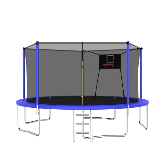 14FT Trampoline with Enclosure for Kids and Adults, SEGMART Upgraded Kids Recreational Outdoor Trampoline with Basketball Hoop, Ladder, Heavy Duty Round Backyard Trampoline for Indoor Outdoor
