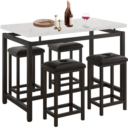 5 Piece Bar Table Set, Kitchen Counter Height Table with 4 Stools, Space Saving Pub Table Set for 4 Person with Metal Frame, Wood Dining Table & Chair Set for Breakfast Nook Pub Bistro, B945