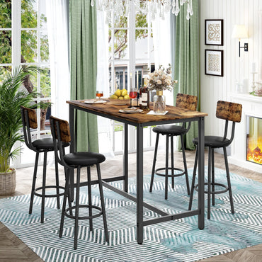 5 Pieces Bar Table Set, Industrial Style Dining Table Set with 4 PU Upholstered Stools, Counter Height Dining Table and Chairs Set, Metal Frame and Wood Top Table Kitchen Furniture Set for Dining Room