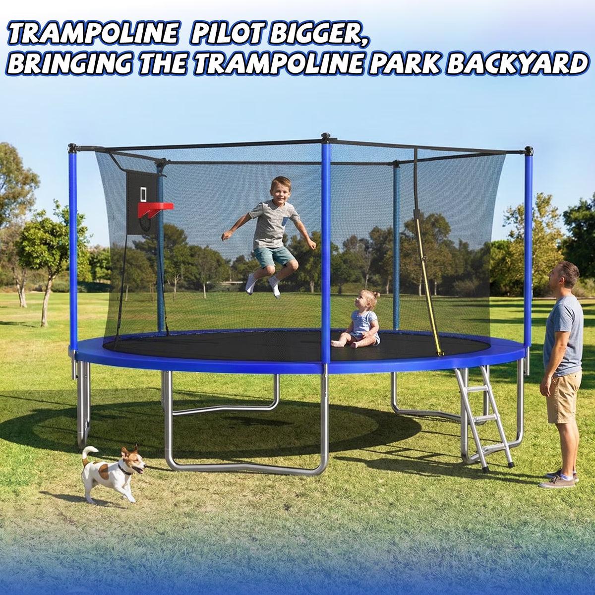 14FT Trampoline with Enclosure for Kids and Adults, SEGMART Upgraded Kids Recreational Outdoor Trampoline with Basketball Hoop, Ladder, Heavy Duty Round Backyard Trampoline for Indoor Outdoor