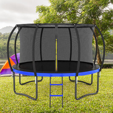12FT Trampoline for Kids Adults, SEGMART Outdoor Round Recreational Trampoline with with Safety Enclosure Net, Heavy Duty Pumpkin Backyard Trampoline with Curved Poles and Ladder, Blue