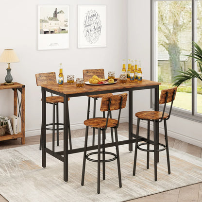 5 Pieces Bar Table Set, Industrial Style Dining Table Set with 4 PU Upholstered Stools, Counter Height Dining Table and Chairs Set, Metal Frame and Wood Top Table Kitchen Furniture Set for Dining Room