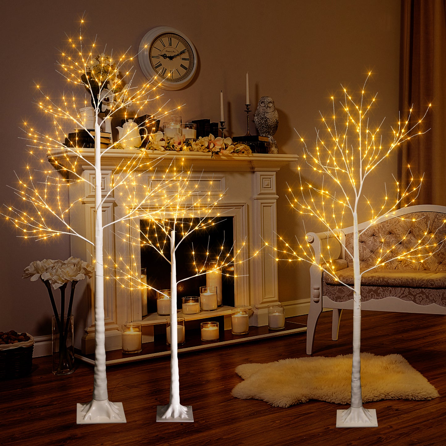 3 Pcs Prelit Birch Xmas Tree 6FT/5FT/4FT, Realistic Artificial White Birch Christmas with LED Light and PE Stand, Outdoor-Indoor Use Christmas Decoration for Home, Party, Christmas, SS042