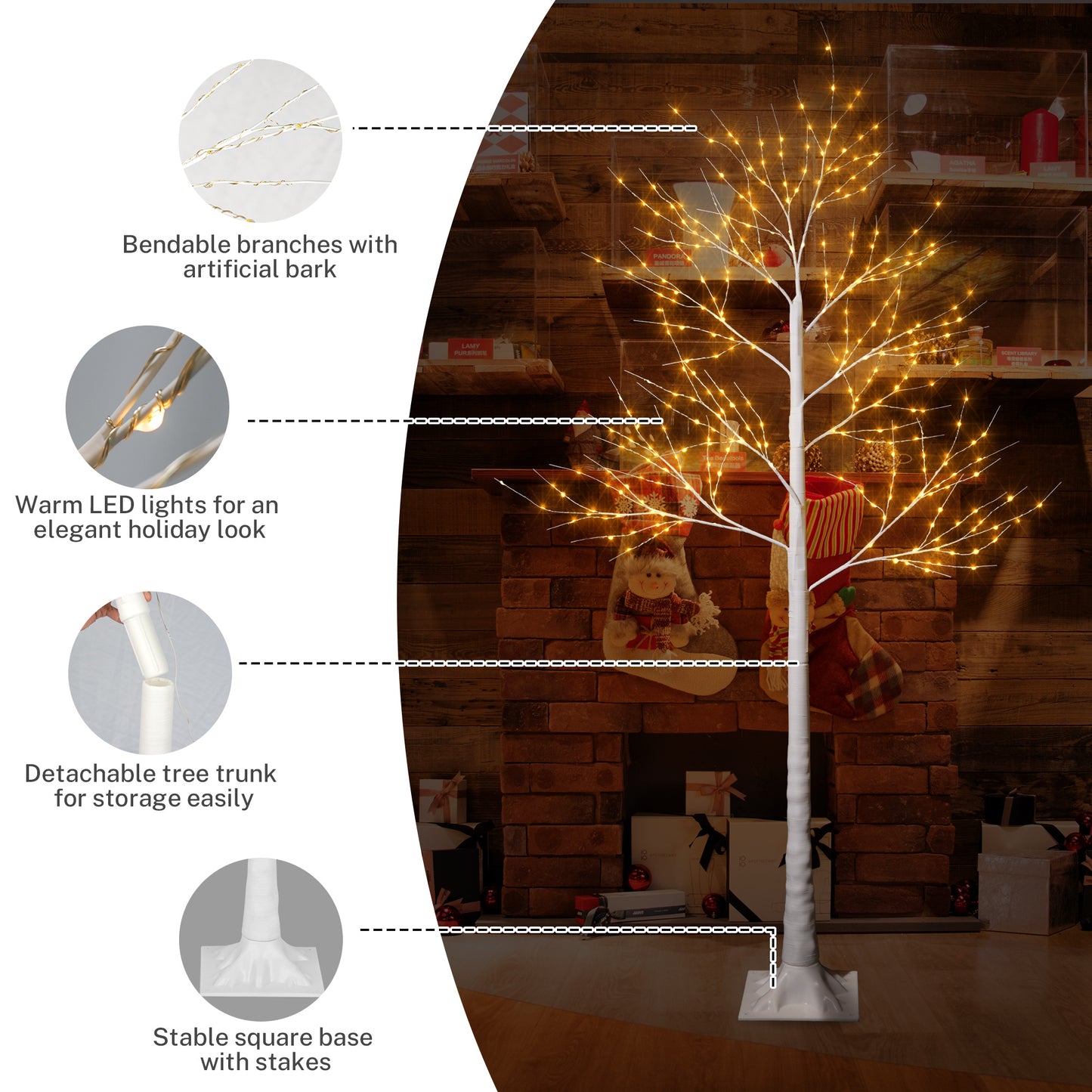 3 Pcs Prelit Birch Xmas Tree 6FT/5FT/4FT, Realistic Artificial White Birch Christmas with LED Light and PE Stand, Outdoor-Indoor Use Christmas Decoration for Home, Party, Christmas, SS042