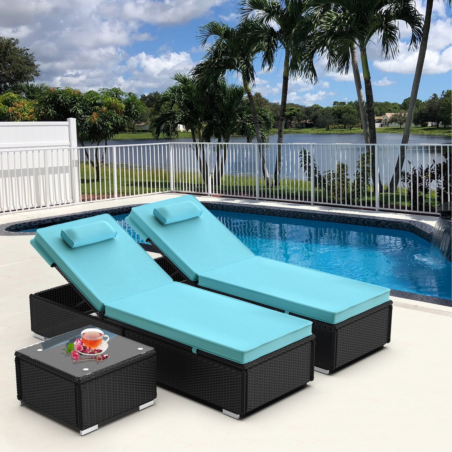 3PCS Outdoor Patio Reclining Lounge Furniture Set, All-Weather Wicker Patio Conversation Furniture Sofa with 2 Pillows, Tempered Glass Top Coffee Table, Adjustable 5 Position Backrest, Blue, S1544