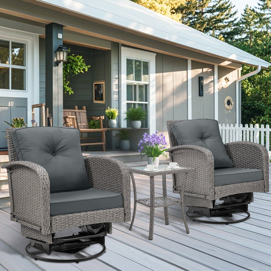 3PCS Patio Bar Rocking Furniture Sets, Outdoor Bistro Table and Swivel Chair Set for Poolside, Conversation Set w/ Table, 2 Rocking Chair, Removable Cushions, Max Weight 275lbs, Gray