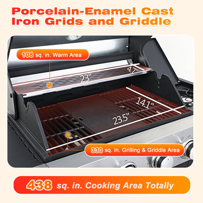 4-Burner Propane Gas Grill with Side Burner, Gas BBQ Grill with Thermometer, Bottle Opener, and Tool Hooks, 46,790 BTU Output, Combining a Grilling Grate With a Griddle Tray
