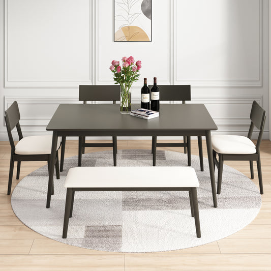 SEGMART Wood Dining Table and Chair Set of 6, Dining Room Set for 6 Persons with Bench, Rectangular Kitchen Table with 4 Microfiber Padded Chair Plus One Upholstered Bench, Farmhouse Kitchen Table Set